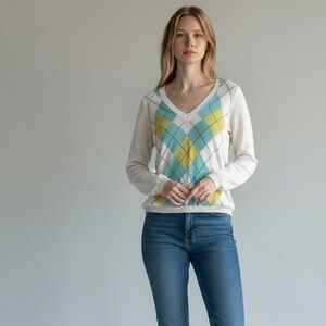 New York & Company V-Neck Argyle Sweater - Cream, Blue, Yellow